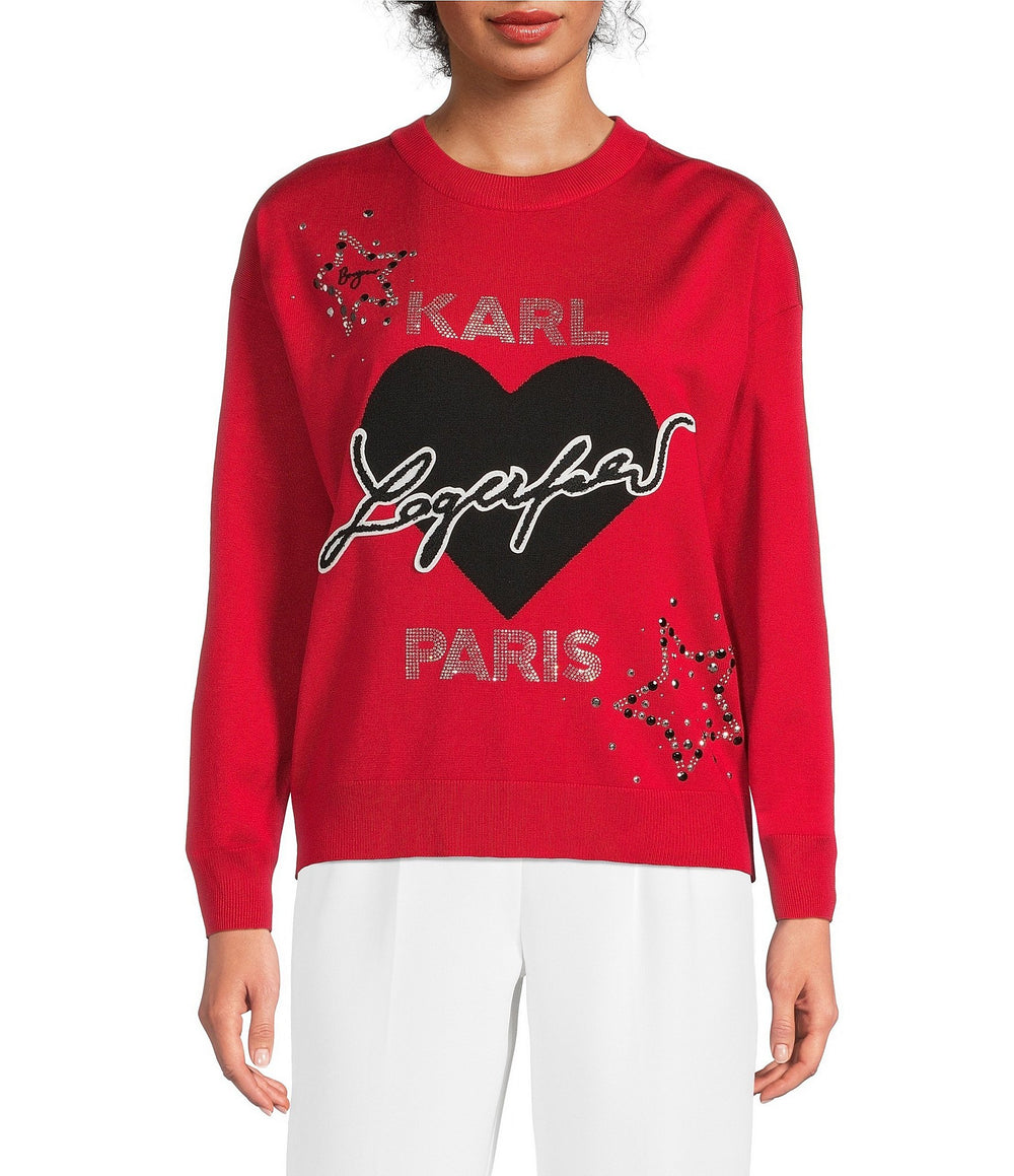 KARL LAGERFELD PARISCrew Neck Long Sleeve Heart Sweater