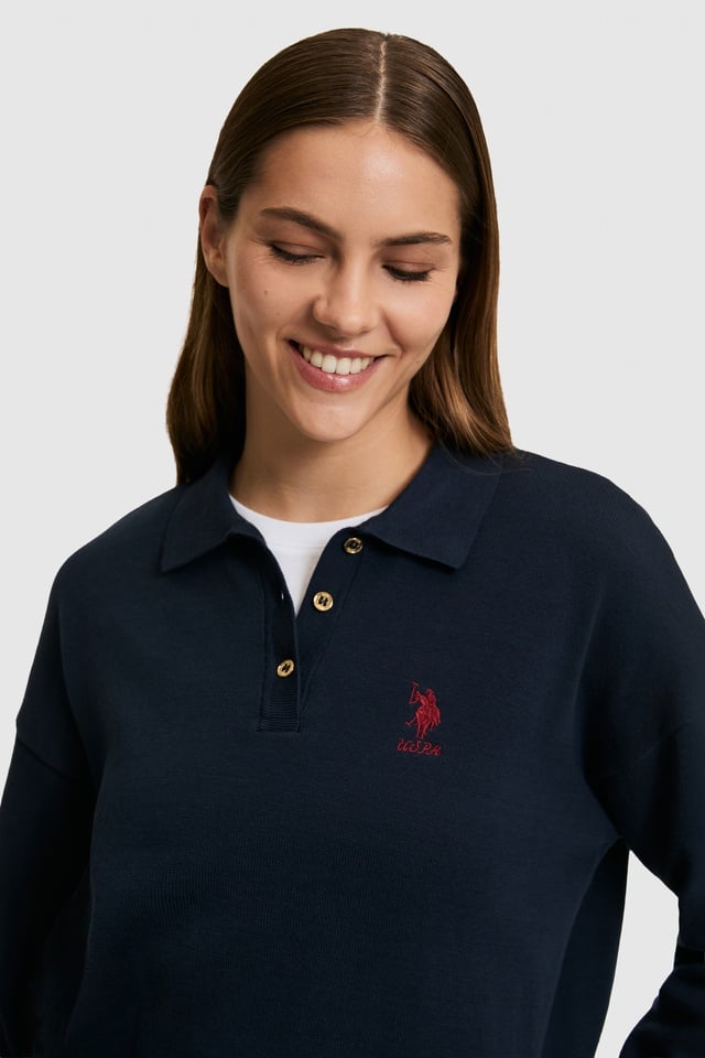 Women Navy Polo Collar Sweater