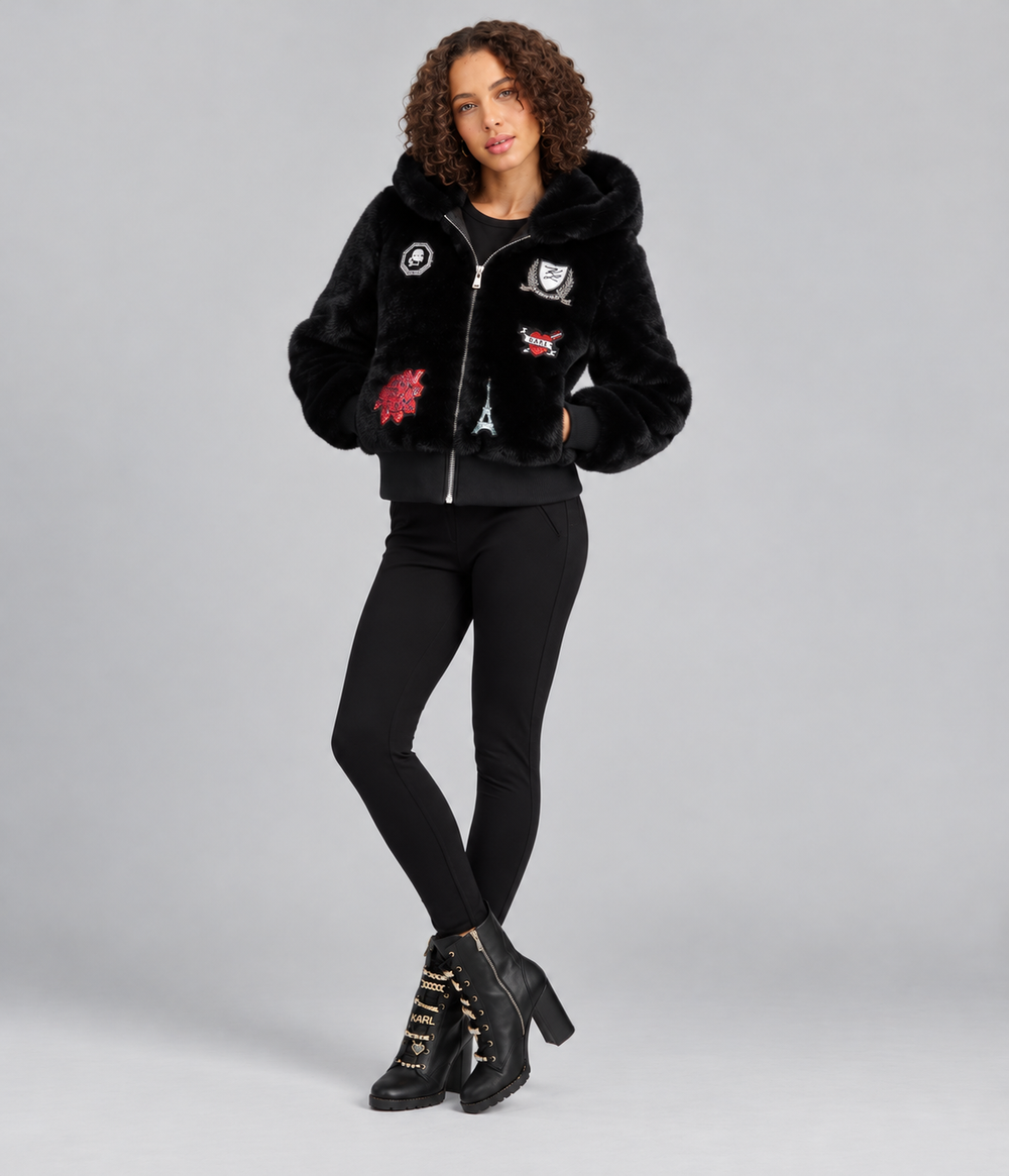 Karl Lagerfeld Paris Women's FAUX FUR PATCH BOMBER