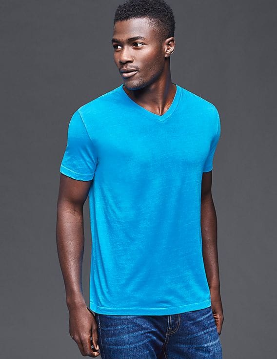 Men Blue Vintage Wash V-Neck T-Shirt