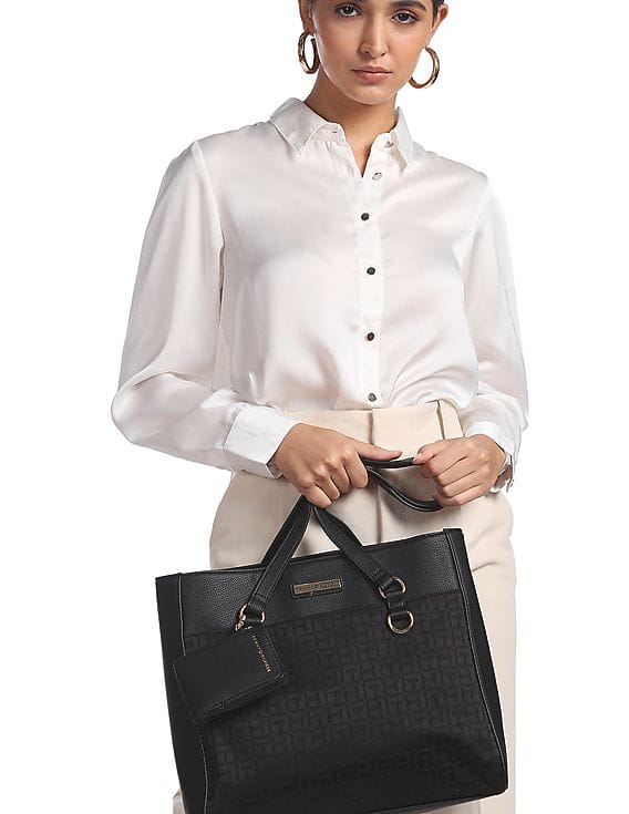 Tommy Hilfiger Women Black Jacquard Logo Convertible Naomi II Tote Bag