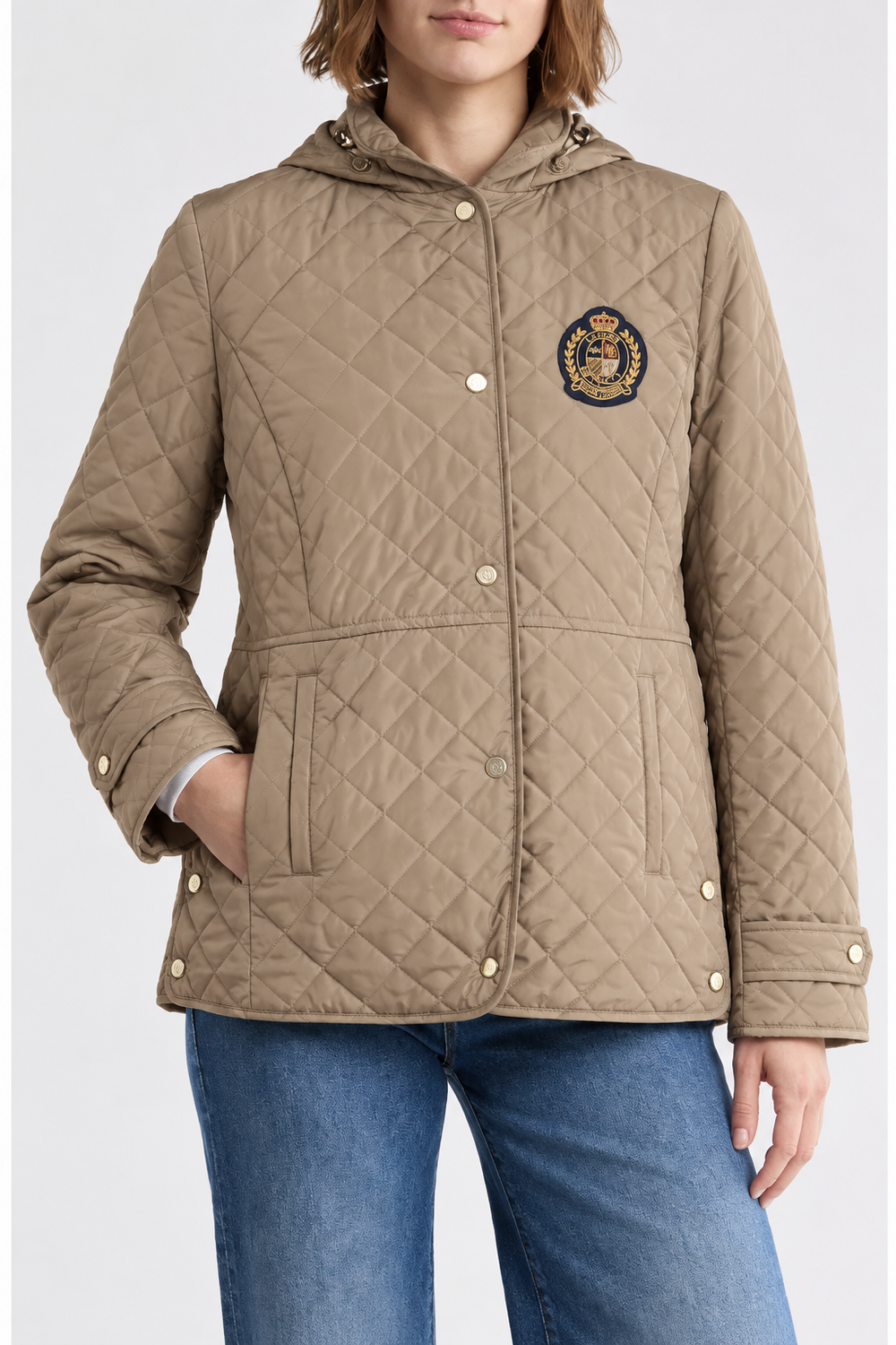 Faux-Leather-Trim Crest-Patch Jacket