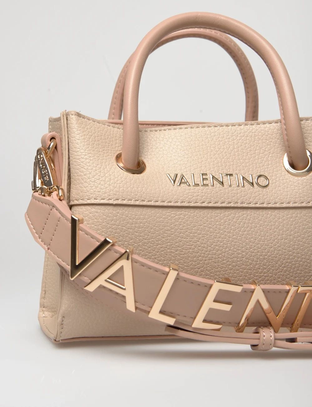 Valentino Alexia tote bag in ecru pebbled faux leather with a detachable logo strap and gold-tone hardware