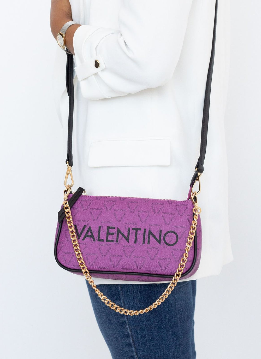 Valentino Liuto pochette bag in a purple/malva and black multi-color design