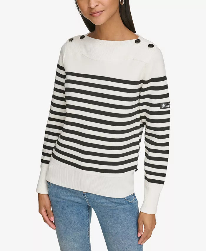 KARL LAGERFELD PARIS Women's Striped Button-Shoulder Sweater