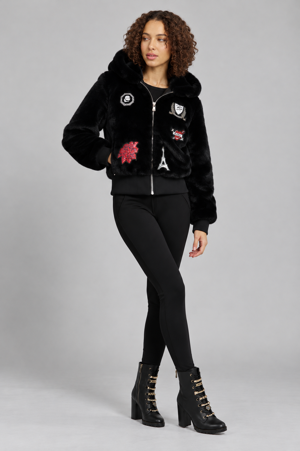 Karl Lagerfeld Paris Women's FAUX FUR PATCH BOMBER