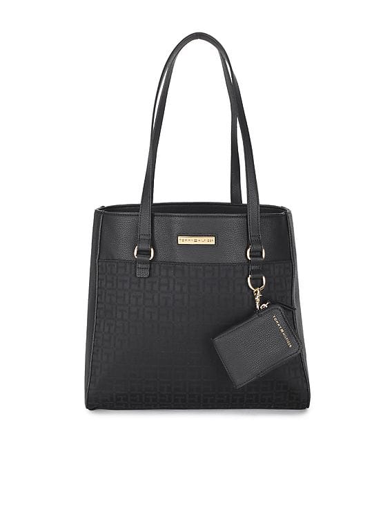 Tommy Hilfiger Women Black Jacquard Logo Convertible Naomi II Tote Bag