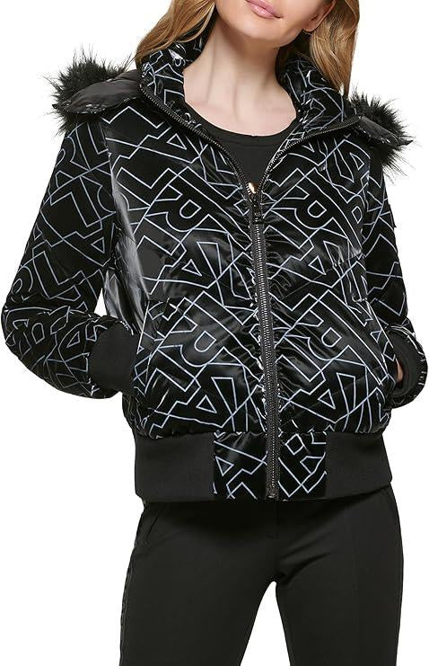 Karl Lagerfeld Women’s Bomber Jacket With a Monogram logo and removable faux fur trim