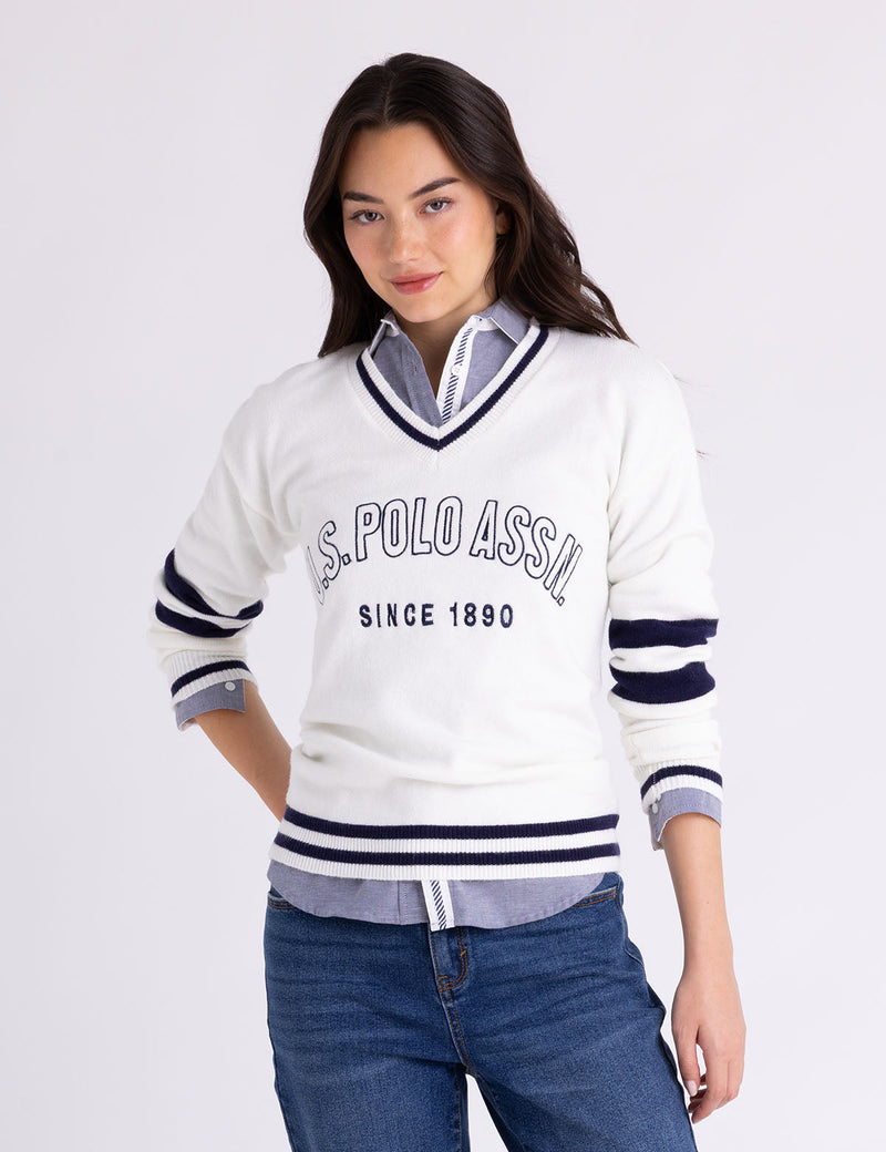 V-NECK VARSITY STRIPE SWEATER