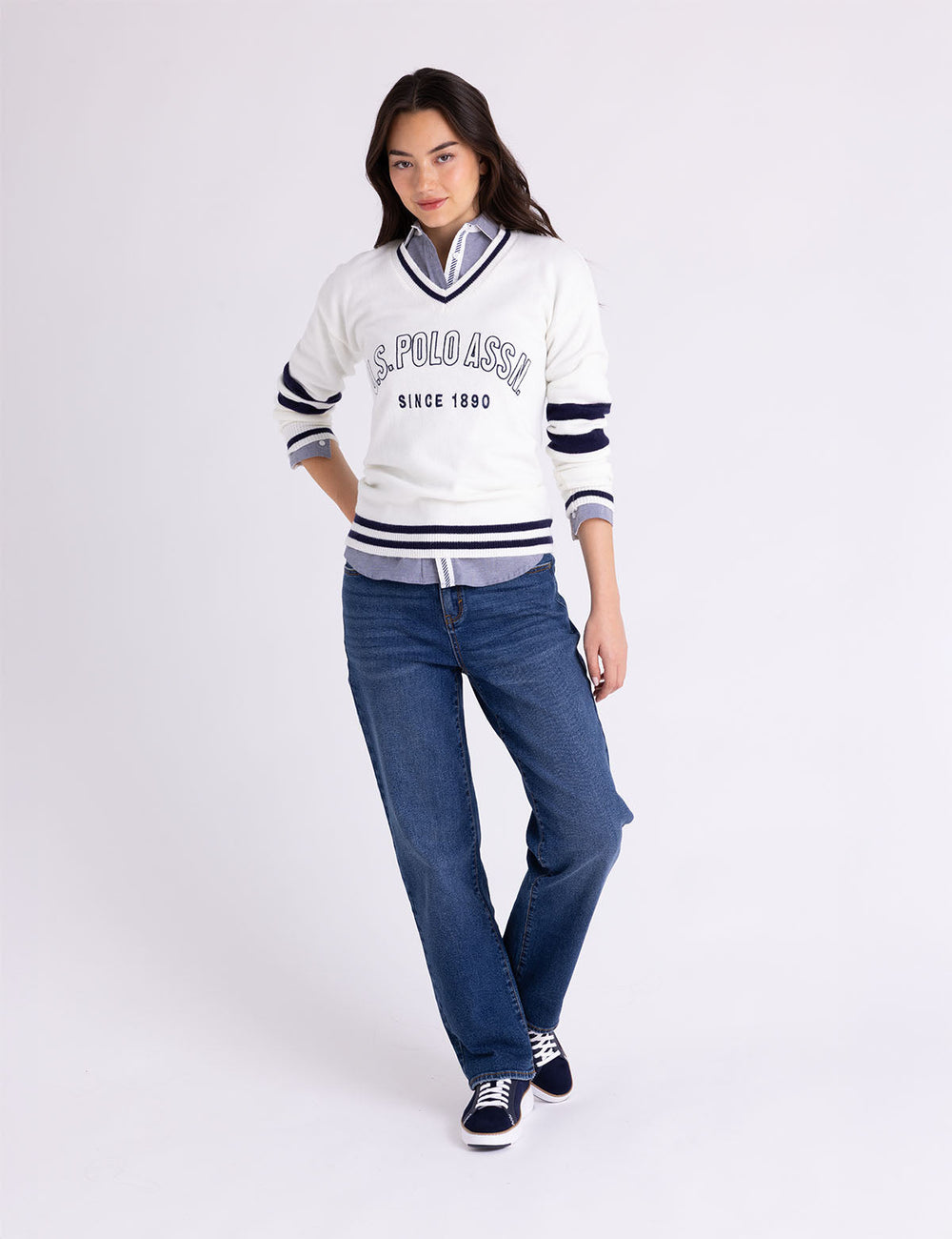 V-NECK VARSITY STRIPE SWEATER