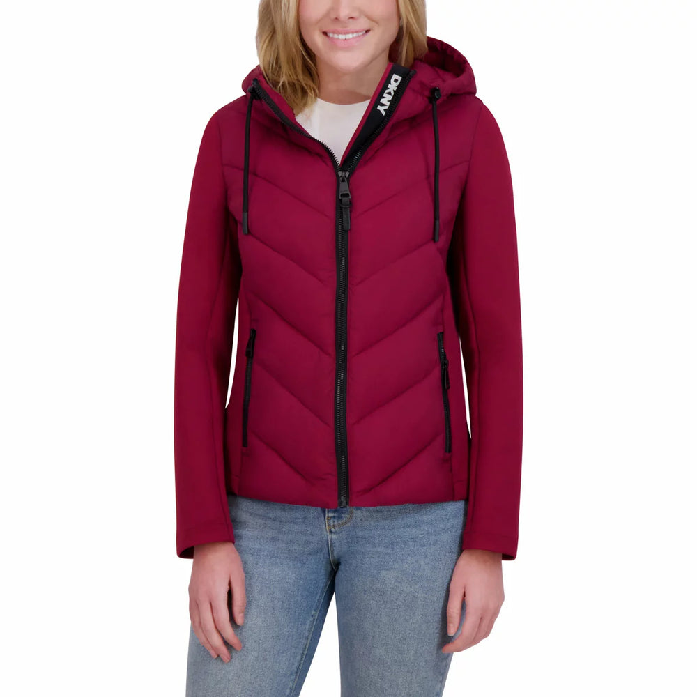 DKNY Women's Mixed Media Puffer Jacket Burgundy