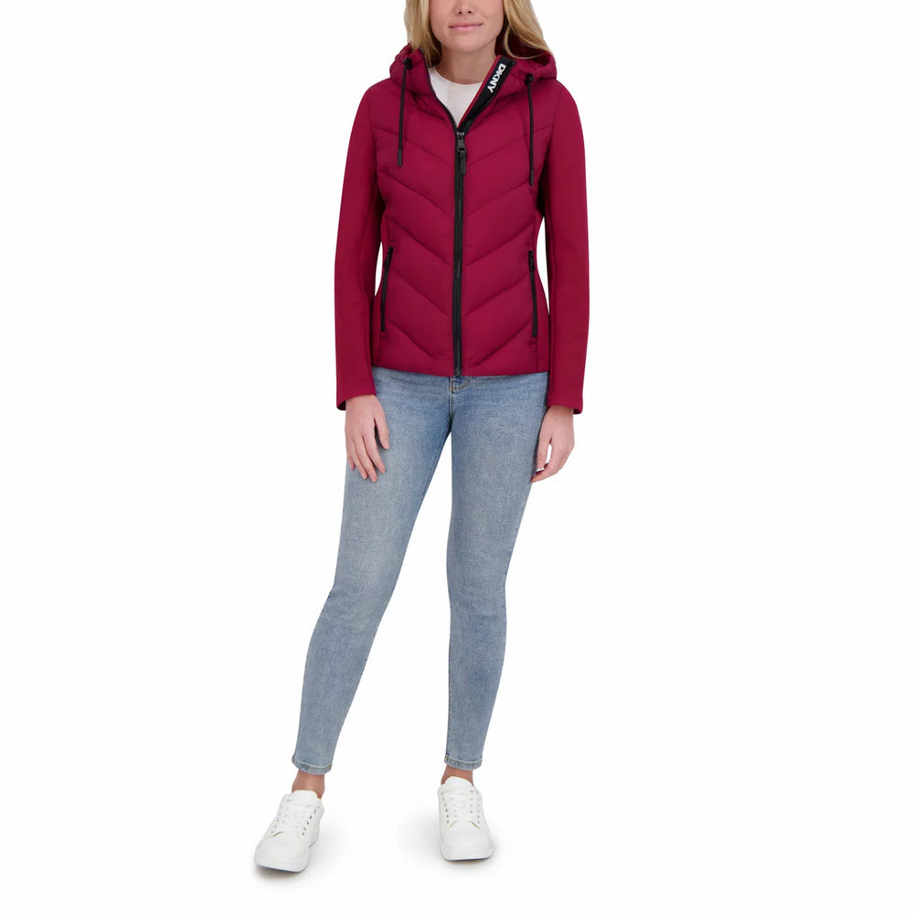 DKNY Women's Mixed Media Puffer Jacket Burgundy