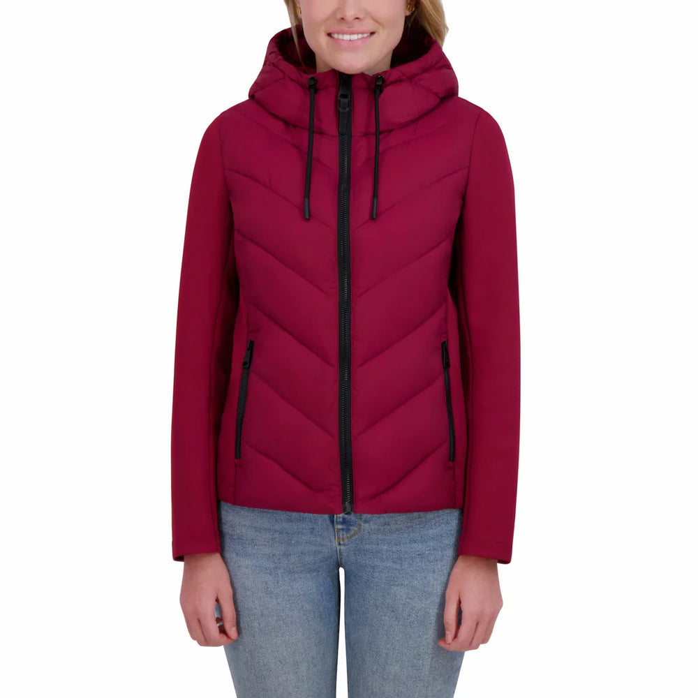 DKNY Women's Mixed Media Puffer Jacket Burgundy