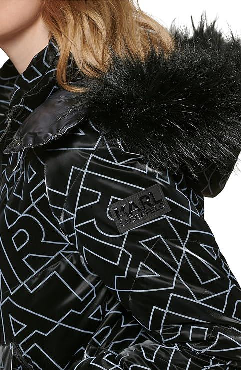 Karl Lagerfeld Women’s Bomber Jacket With a Monogram logo and removable faux fur trim