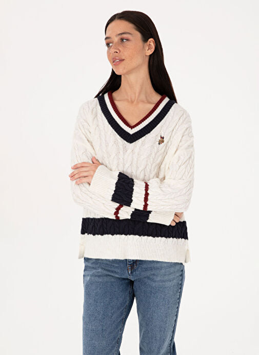 U.S. Polo Assn V-NECK STRIPE CABLE SWEATER