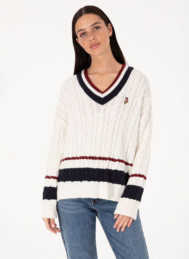 U.S. Polo Assn V-NECK STRIPE CABLE SWEATER
