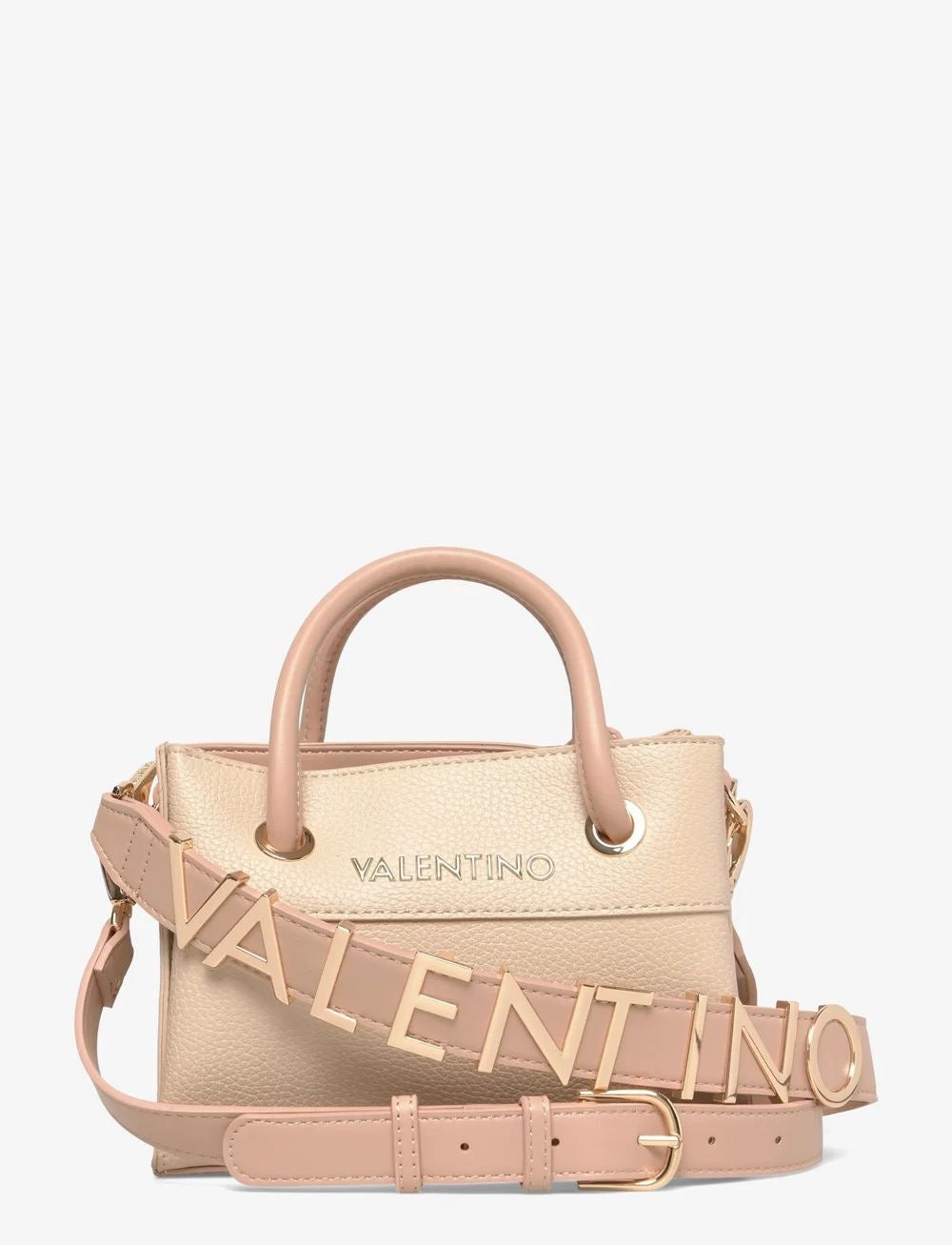 Valentino Alexia tote bag in ecru pebbled faux leather with a detachable logo strap and gold-tone hardware