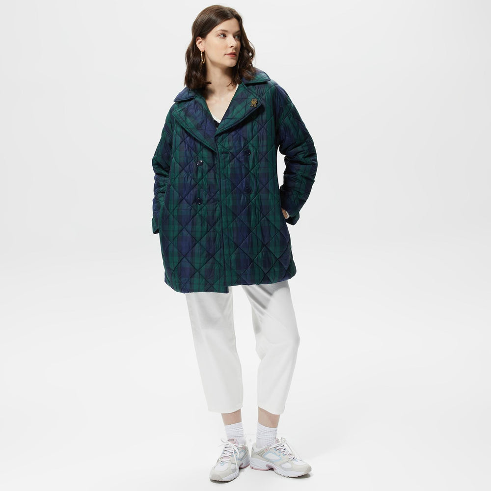 Tommy Hilfiger Check Quilted Peacoat Women's Green Coat