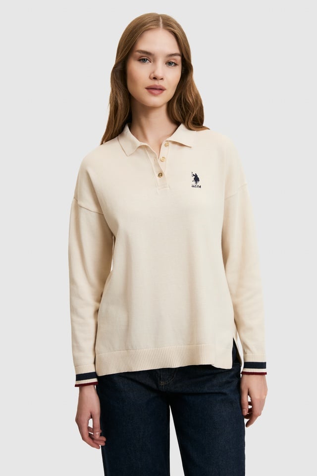 Women Cream Polo Collar Sweater