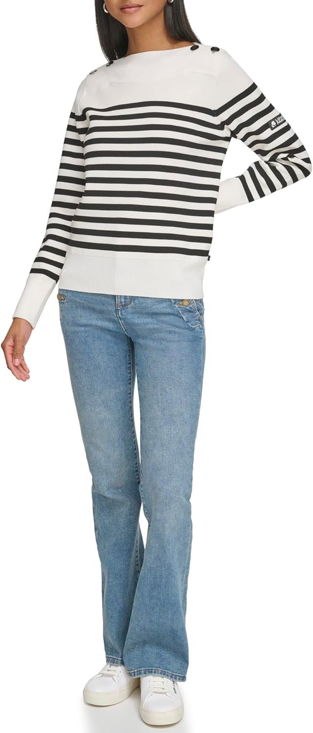 KARL LAGERFELD PARIS Women's Striped Button-Shoulder Sweater