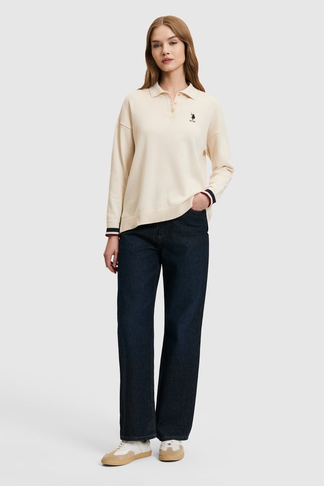 Women Cream Polo Collar Sweater