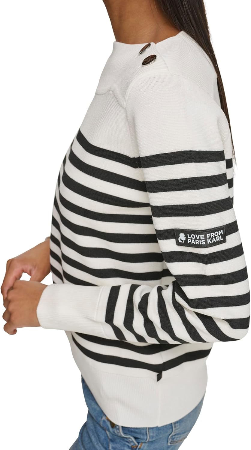 KARL LAGERFELD PARIS Women's Striped Button-Shoulder Sweater