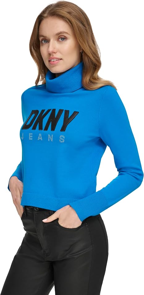 DKNY Women's Long Sleeve Turtle Neck Logo Sweater Sweatshirt