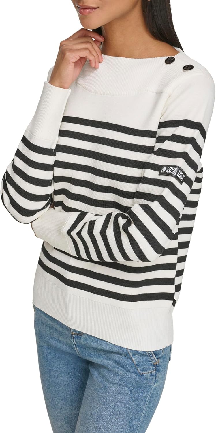 KARL LAGERFELD PARIS Women's Striped Button-Shoulder Sweater