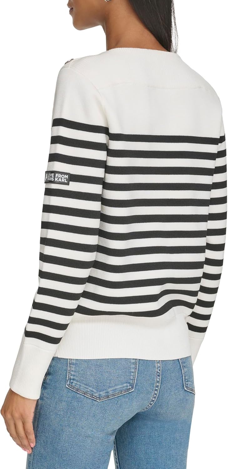 KARL LAGERFELD PARIS Women's Striped Button-Shoulder Sweater
