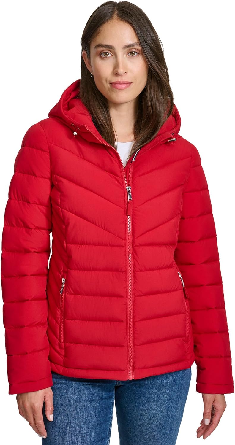 Women's Red Quilted Hooded Puffer Jacket