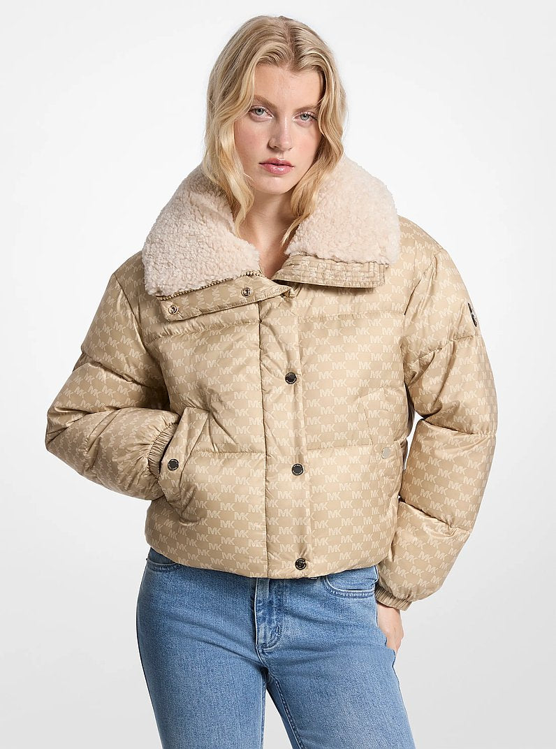 Michael Kors Women's Natural Logo Print And Sherpa Puffer Jacket