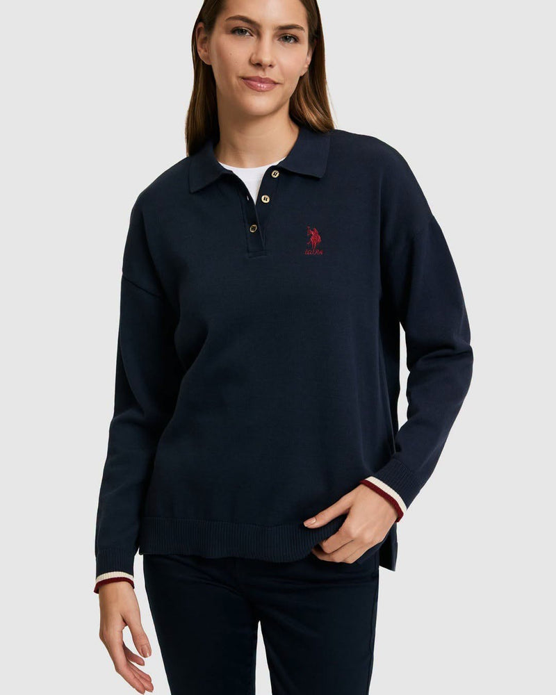 Women Navy Polo Collar Sweater