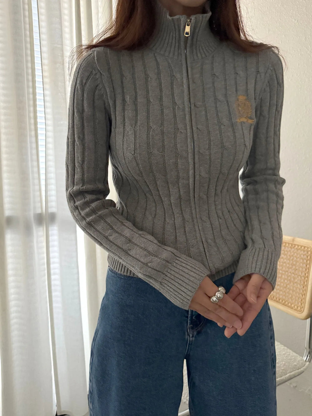 Crest Logo Cable Knit Zip Cardigan