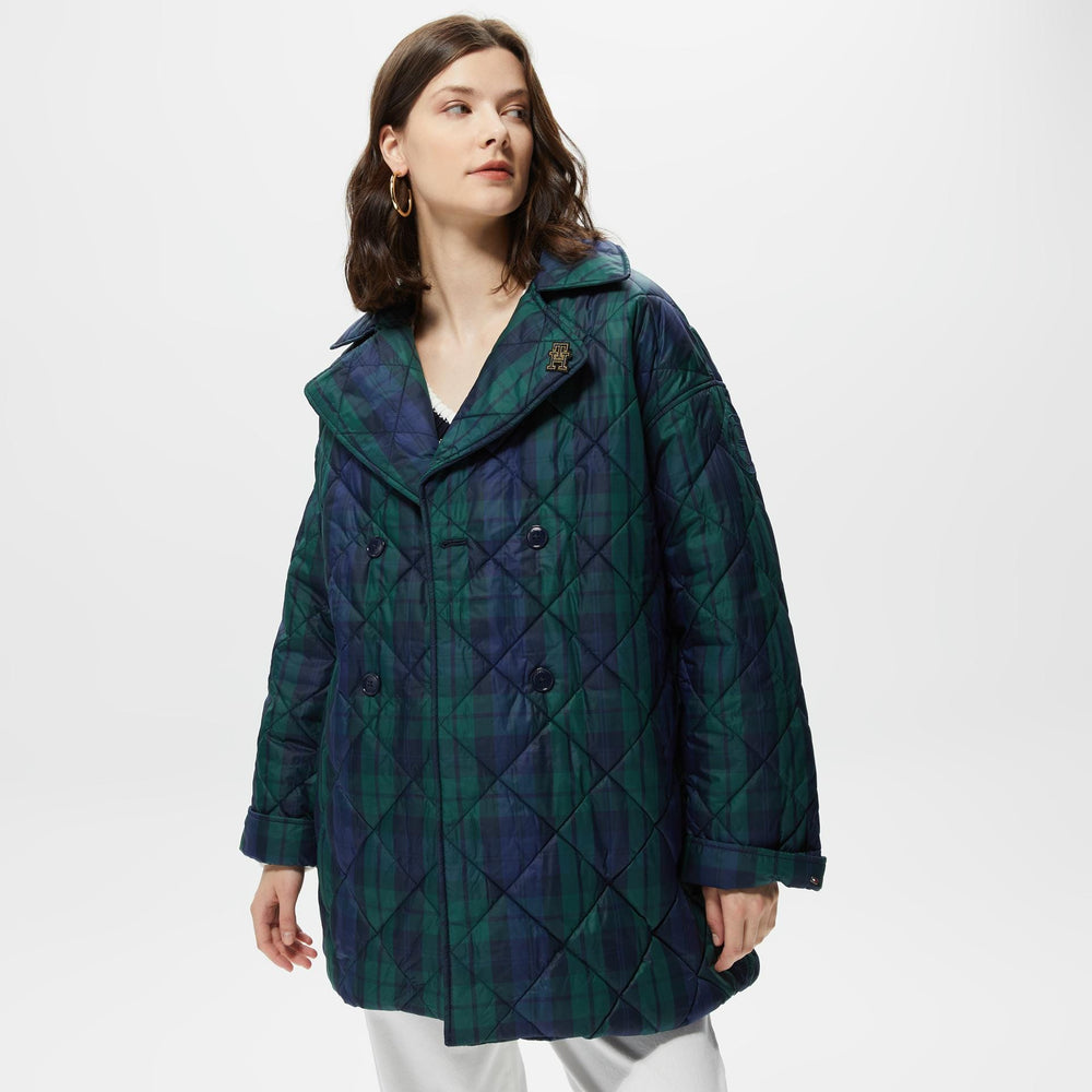 Tommy Hilfiger Check Quilted Peacoat Women's Green Coat