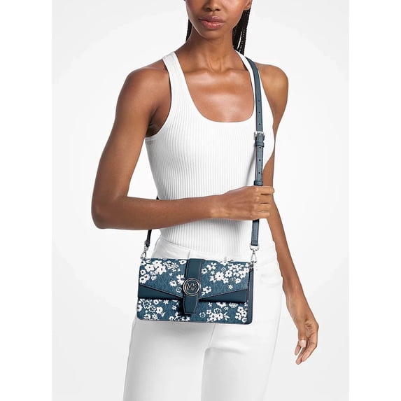 Michael Kors Women's Greenwich Medium Printed Signature Logo Convertible Crossbody Shoulder Bag (Blue Multi)