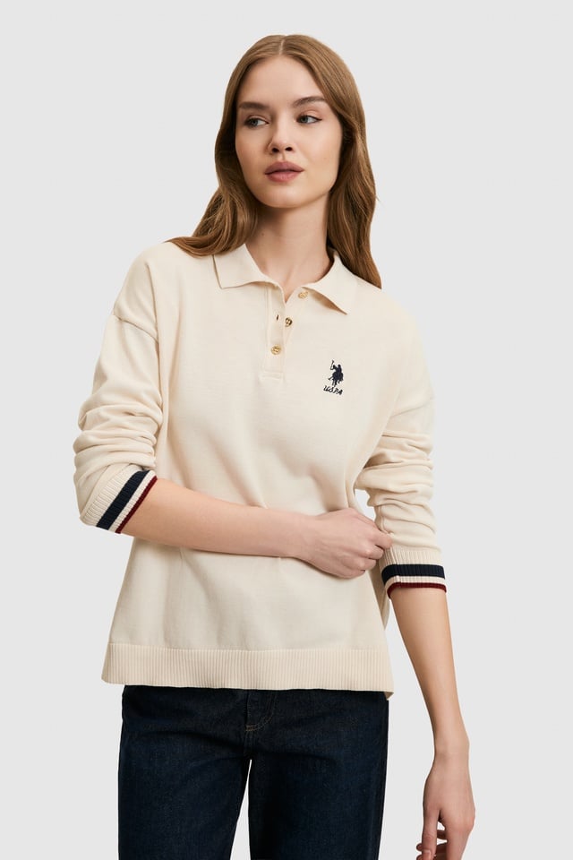 Women Cream Polo Collar Sweater