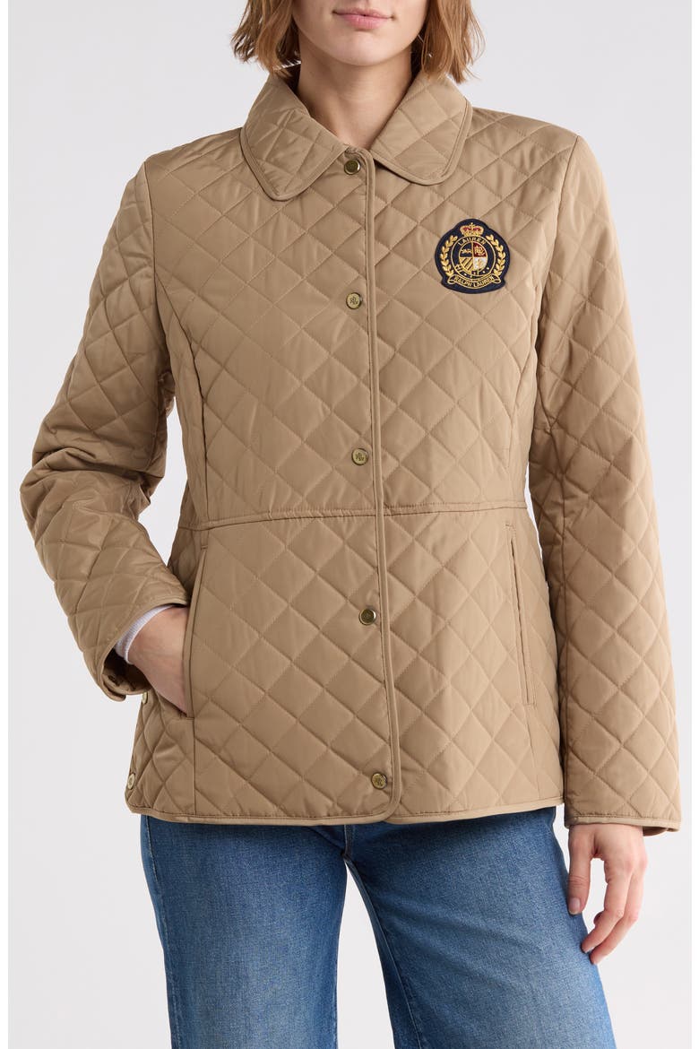 Faux-Leather-Trim Crest-Patch Jacket