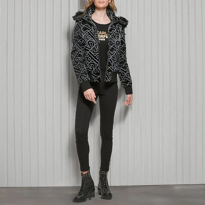Karl Lagerfeld Women’s Bomber Jacket With a Monogram logo and removable faux fur trim