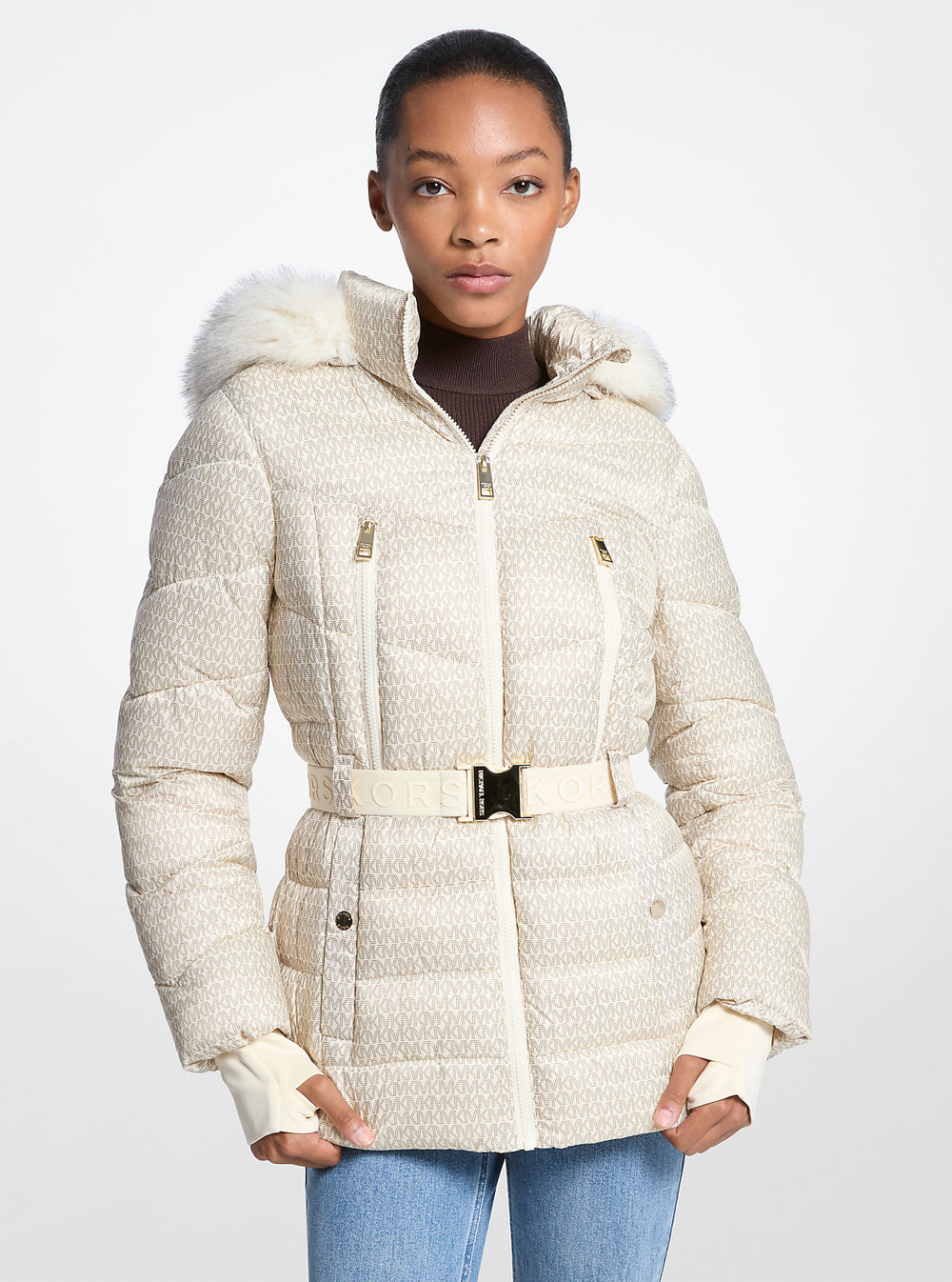 Faux Fur Trim Quilted Belted Puffer Logo Jacket