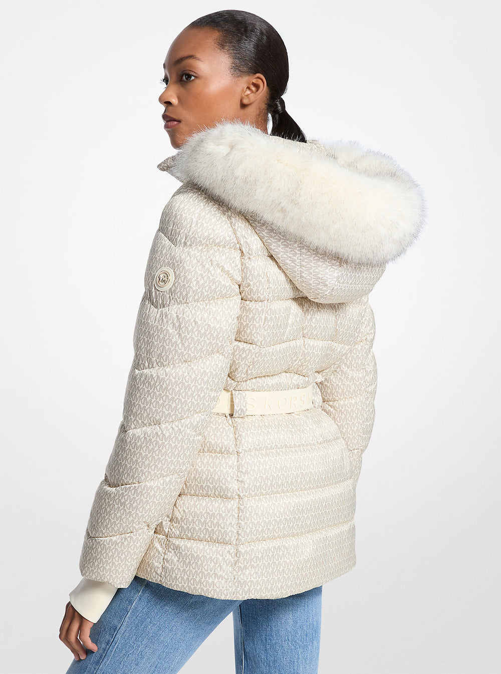 Faux Fur Trim Quilted Belted Puffer Logo Jacket