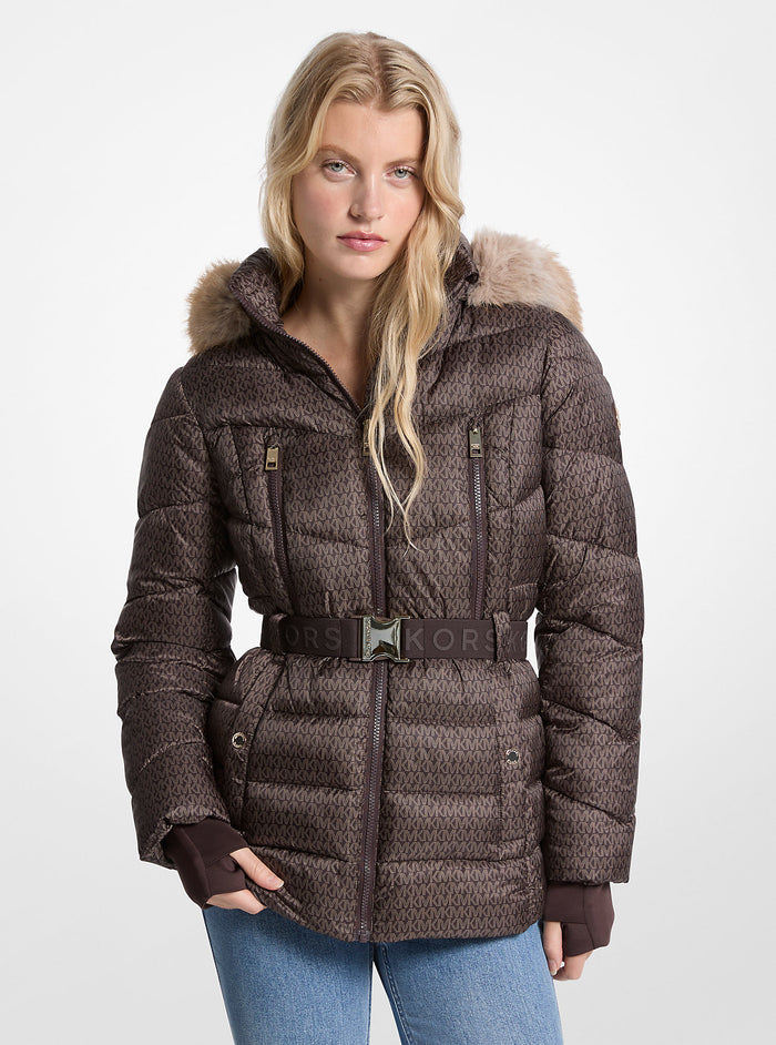 Faux Fur Trim Quilted Belted Puffer Logo Jacket