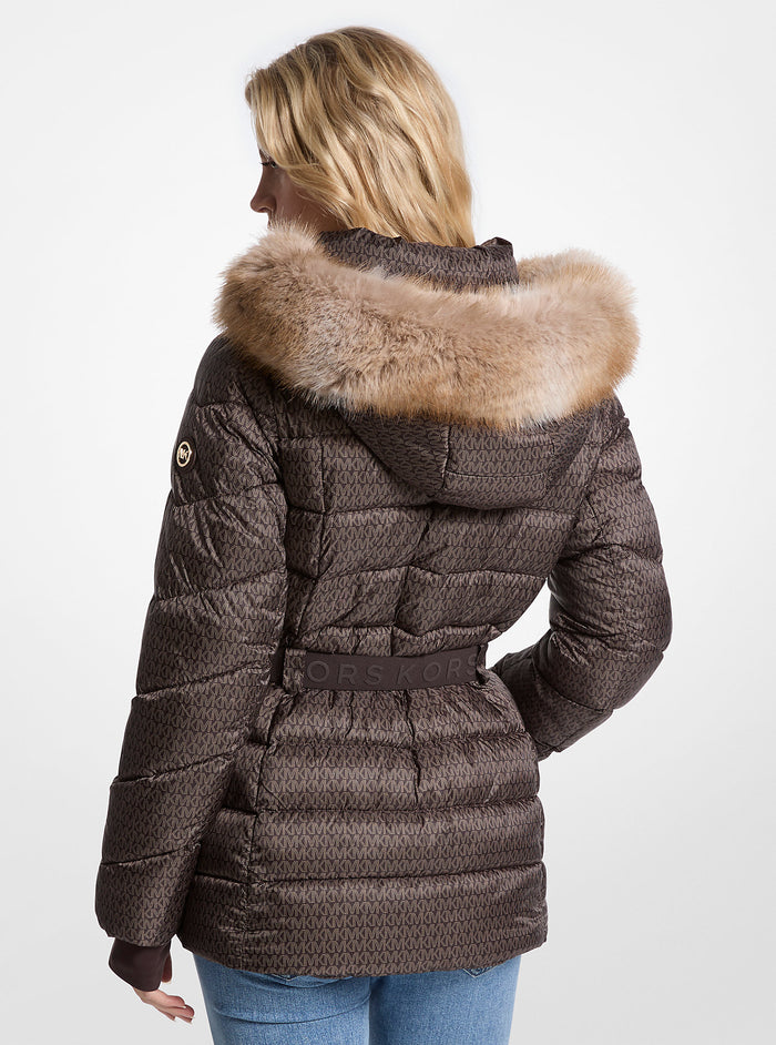 Faux Fur Trim Quilted Belted Puffer Logo Jacket
