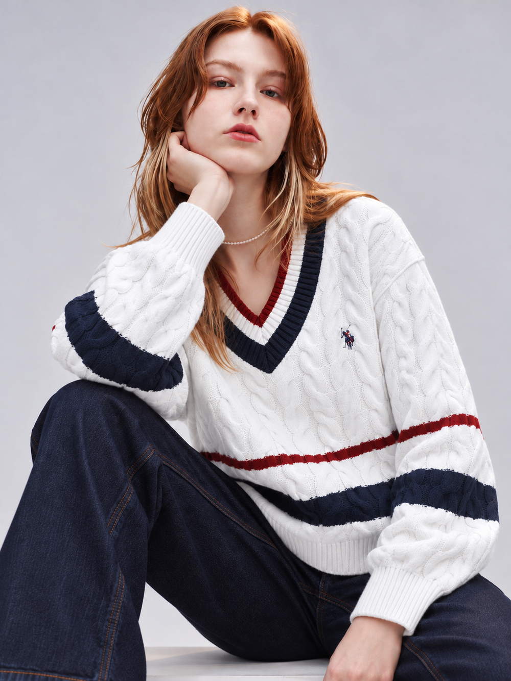 U.S Polo ASSN TIPPED CABLE V-NECK Pullover