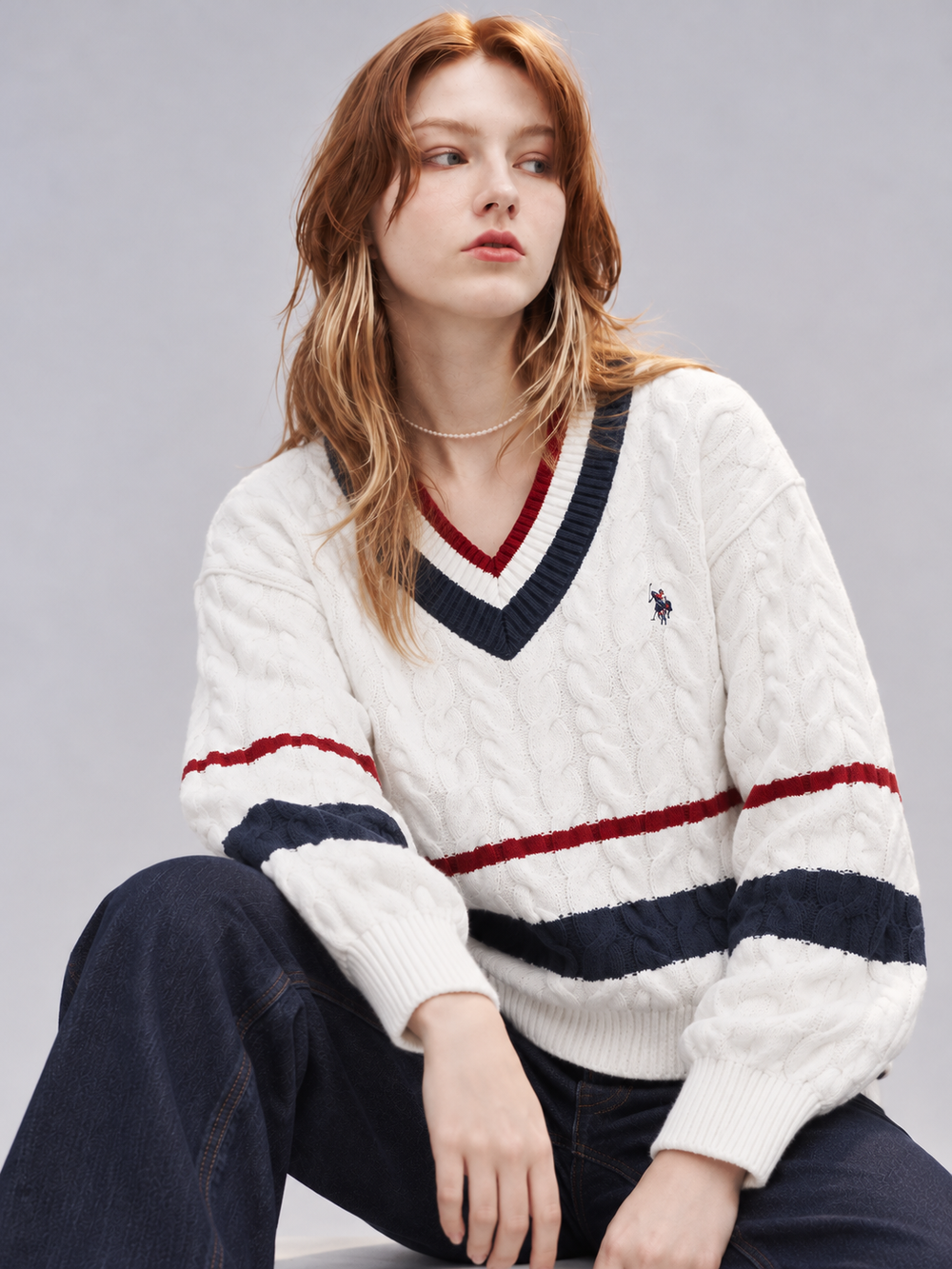 U.S Polo ASSN TIPPED CABLE V-NECK Pullover