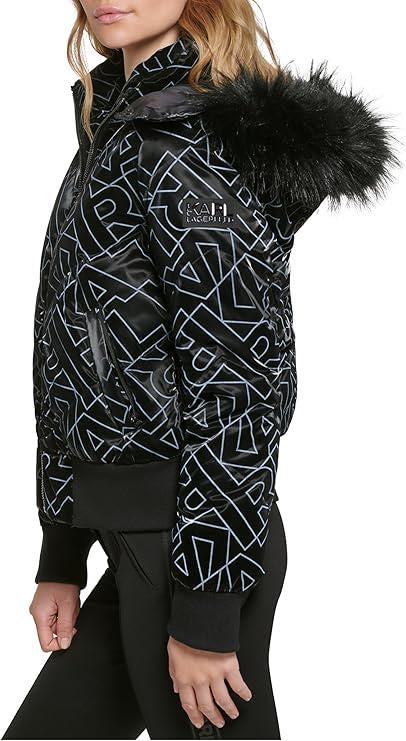 Karl Lagerfeld Women’s Bomber Jacket With a Monogram logo and removable faux fur trim