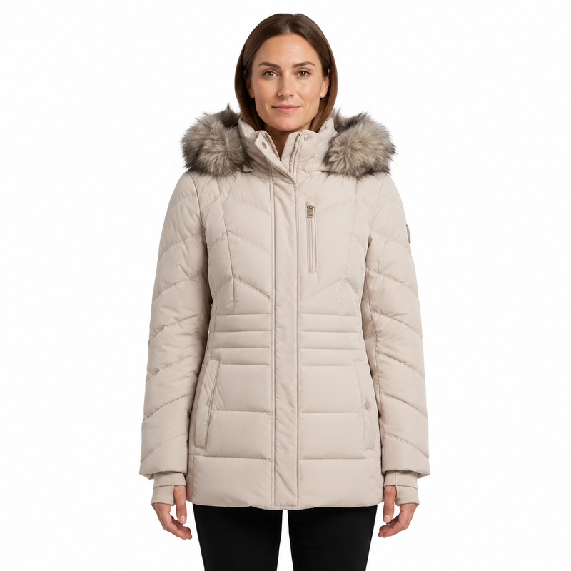 Michael Kors Puffer Coat Chest Zipper & Faux Fur Hood