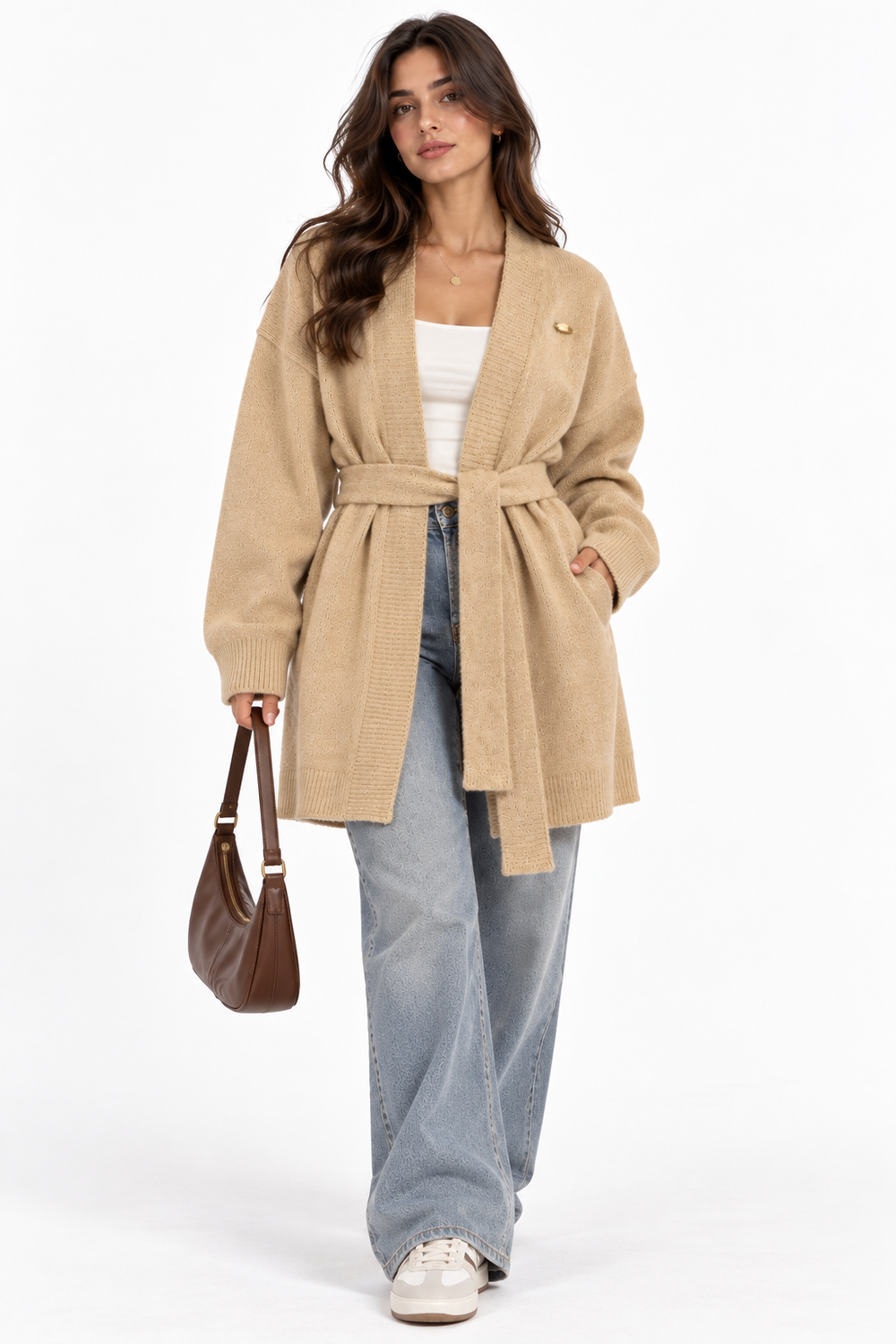 Classic Belted Open-Front Cardigan