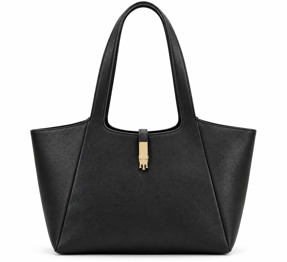 Classic Black Structured Tote Bag with Gold Clasp