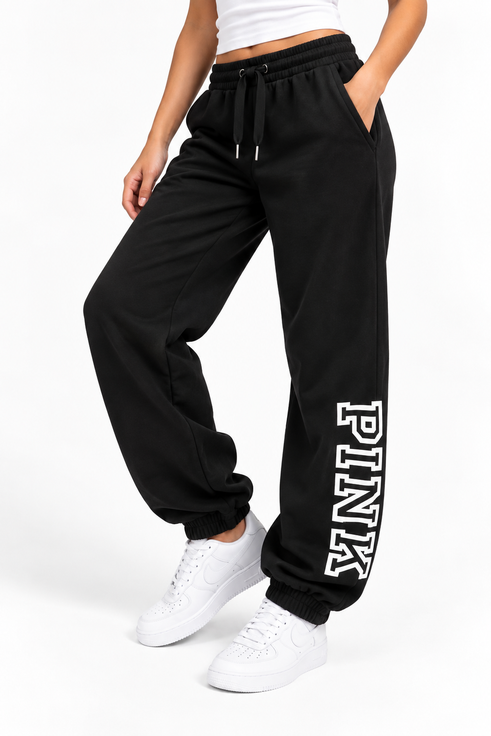 PINK Black Logo Sweatpants - Large