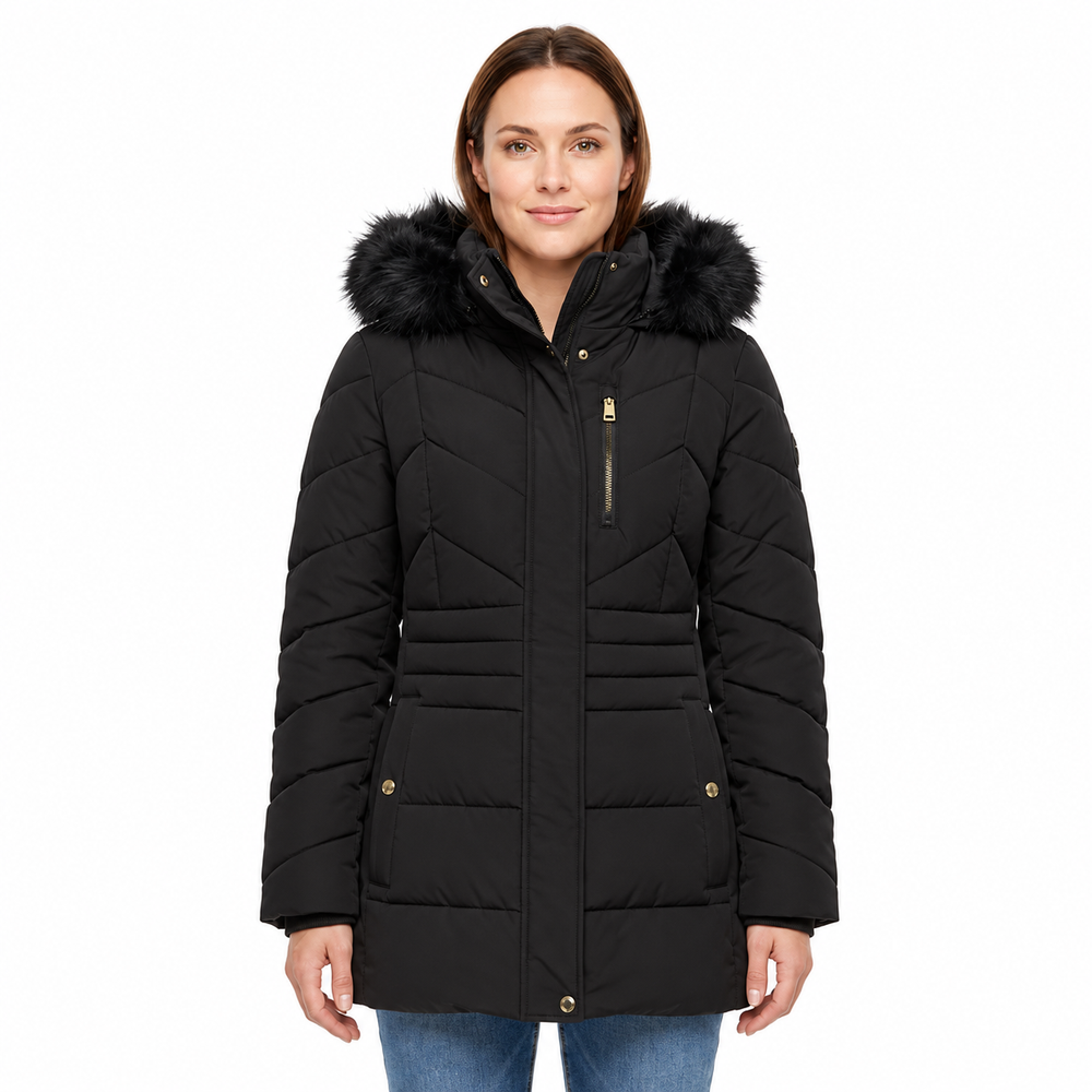 Michael Kors Puffer Coat Chest Zipper & Faux Fur Hood